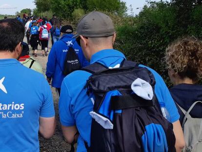 Voluntarios de La Caixa participan en una actividad en la vía verde de la Jara, en Toledo. 