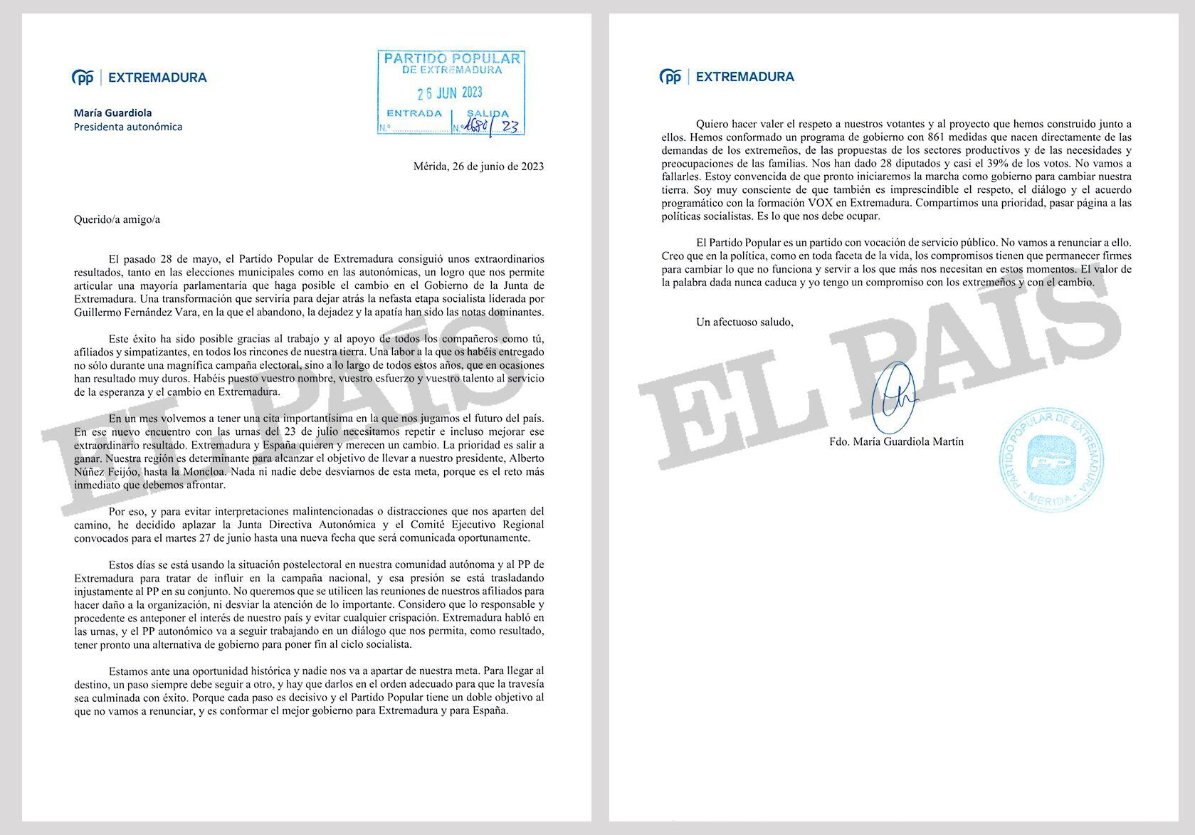 Carta enviada por María Guardiola a los militantes del PP de Extremadura.