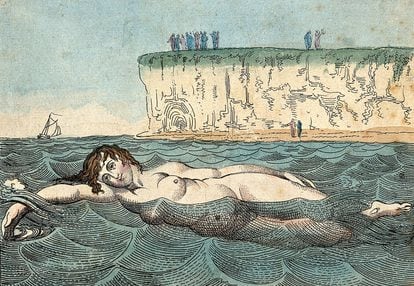 Ilustración de una mujer nadando en la costa inglesa hacia 1800.