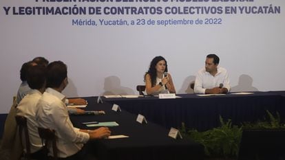 Luisa María Alcalde, secretaria del Trabajo, durante la presentación del Nuevo Modelo Laboral en Mérida, Yucatán (México), el pasado 23 de septiembre.