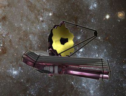 Ilustraci&oacute;n del futuro telescopio James Webb desplegado en el espacio.