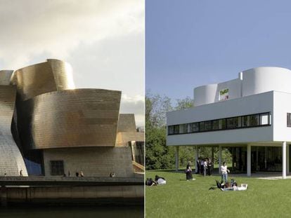 A la izquierda, el Museo Guggenheim, de Bilbao, de Frank Gehry. Y, a la derecha, Villa Savoye, diseñada por Le Corbusier en las afueras de París.