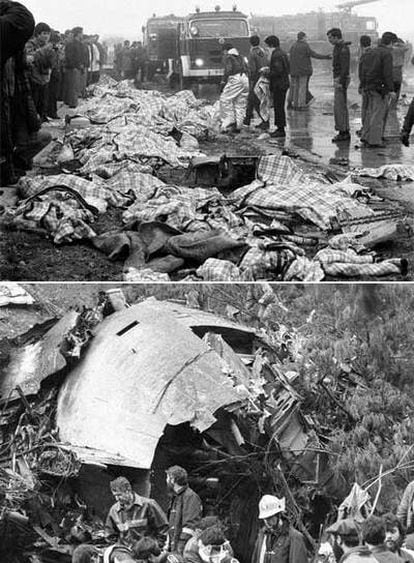 Arriba, cadáveres tapados con mantas junto a los restos del aparato siniestrado en el accidente registrado en Barajas el 7 de diciembre de 1982. Abajo, los equipos de rescate, junto al avión que se estrelló en el monte Oiz (Vizcaya) el 19 de febrero de 1985