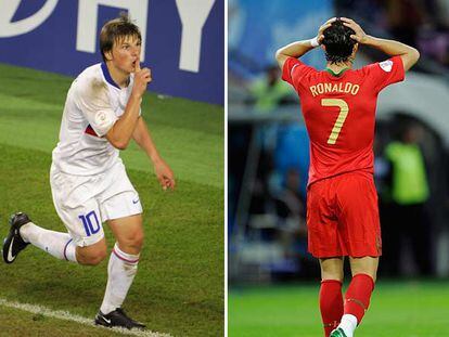 Arshavin celebra su gol a Holanda. A la derecha, Cristiano Ronaldo lamenta una ocasión fallada contra Turquía.