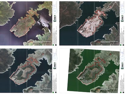 Fotografías aéreas de 2006, 2009, 2010 y 2013 de la isla del embalse de Valdecañas donde se construyó la urbanización de lujo  Marina Isla de Valdecañas, en documentos del Centro de Información Cartográfica y Territorial de Extremadura.