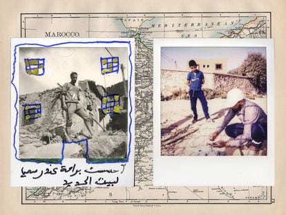 Ambil Bousid de 27 años, perdió todo al derrumbarse su casa en Amsgune. Este joven que pasa trabajando largas temporadas en Marrakech, a vuelto a su pueblo para recontruir las casas que el terremoto destruyó."Me sentí aliviado cuando pinte mi casa nueva". Martes 10 de octubre del 2023.