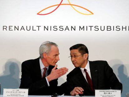 A la izquierda, el presidente de Renault, Jean-Dominique Senard; y a la derecha, el consejero delegado de Nissan, Hiroto Saikawa. 