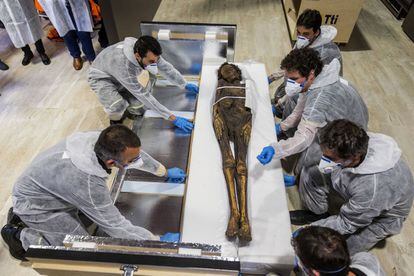 La momia guanche del Barranco de Erques, en el Museo Arqueológico Nacional en 2015. 