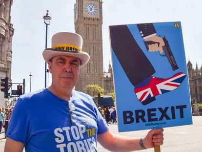Un activista protesta contra el Brexit el 24 de mayo ante el Parlamento británico en Londres (Reino Unido).