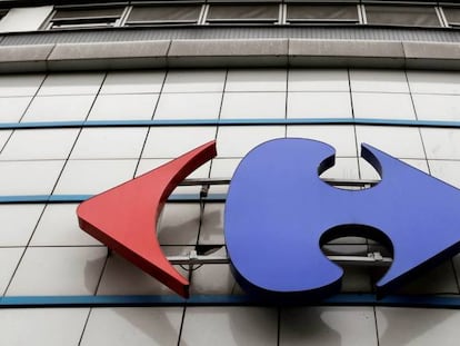 FILE PHOTO: A Carrefour logo is seen on a Carrefour Hypermarket store in Montreuil, near Paris