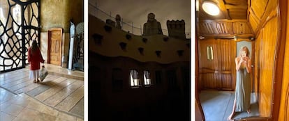 Ana Viladomiu, en camisa de dormir, baixa les escombraries, o a l'ascensor de casa seva, la Pedrera, durant el seu confinament. Al centre, l'edifici de nit. Són imatges del seu compte d'Instagram @ana_viladomiu.