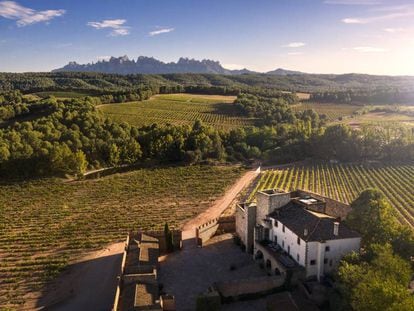 Vista aérea de la bodega y los viñedos de Oller del Mas, con la montaña de Montserrat al fondo (Barcelona).