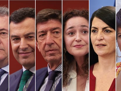 Montaje fotográfico con los candidatos de las elecciones al Parlamento de Andalucía. De izquierda a derecha: Juan Espadas (PSOE), Juan Manuel Moreno (PP), Juan Marín (Ciudadanos), Inmaculada Nieto (Por Andalucía), Macarena Olona (Vox) y Teresa Rodríguez (Adelante Andalucía).