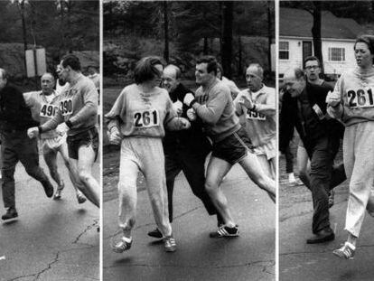 El director del marat&oacute;n intenta expulsar de la prueba a Katherine Switzer, a quien defiende su novio, durante la celebraci&oacute;n de la carrera en 1967.