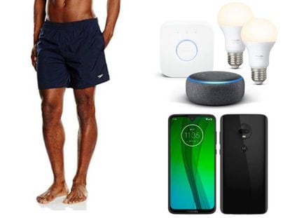 De izquierda a derecha: bañador Speedo Solid Leisure, altavoz inteligente Echo Dot y móvil Motorola Moto G7.