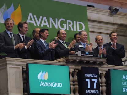 El presidente de Iberdrola, Ignacio Sánchez Galán, y varios ejecutivos de Avangrid, en la salida a Bolsa de la empresa, en 2015.
