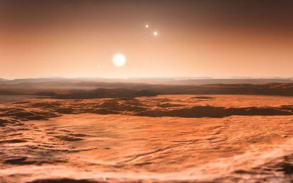 Ilustración del cielo con tres soles visto desde un planeta del astro Gliese 667C.