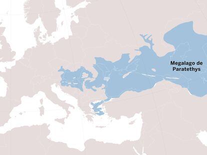 Tamaño del lago Paratetis superpuesto sobre un mapa de la Europa actual.