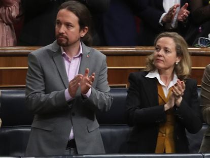 Los vicepresidentes Pablo Iglesias y Nadia Calviño, en la apertura de la legislatura, el pasado febrero.