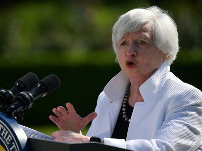 La secretaria del Tesoro de EE UU, Janet Yellen, atiende a los medios tras la reunión del G7 el 5 de junio del G7.