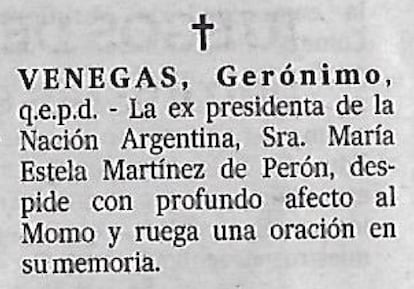 El aviso fúnebre enviado por Isabelita a La Nación.