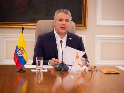 Iván Duque, presidente de Colombia, durante una comparecencia.