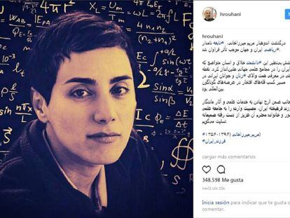 Publicaci&oacute;n del presidente iran&iacute; en Instagram en homenaje a Maryam Mirzakhani. 