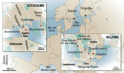 Mapas de Helsinki y Estocolmo.
