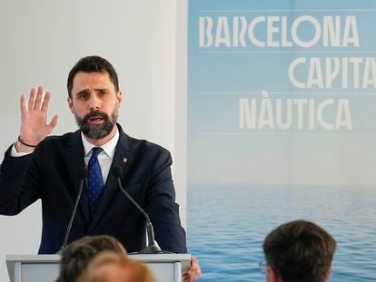 El consejero de Empresa y Trabajo de la Generalitat, Roger Torrent, durante la presentación oficial este mediodía de la Fundación Barcelona Capital Náutica.