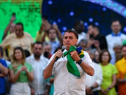 Jair Bolsonaro, presidente de Brasil, habla durante el acto en el que formalizó su candidatura a la reelección, en Río de Janeiro el 24 de julio.