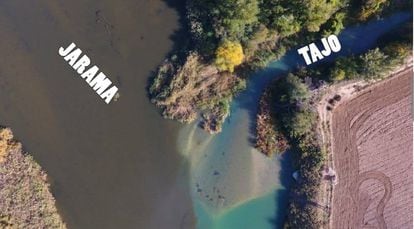 Imagen de la confluencia del río Jamara con el Tajo esgrimida por Ximo Puig en las Cortes valencianas y extraída de un reportaje publicado por EL PAÍS en 2017 'La agonía del Tajo'.