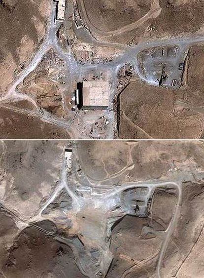 NOMBRE EN CLAVE, AL KIBAR. Las dos imágenes de satélite muestran las supuestas instalaciones nucleares sirias -bautizadas como Al Kibar-, antes y después del bombardeo de la aviación israelí del 6 de septiembre de 2007.