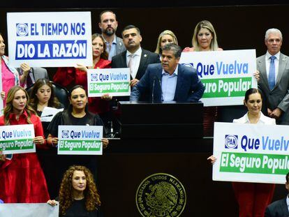 Román Cifuentes Negrete junto a otros diputados federales del PAN durante la sesión respecto a la Ley General de Salud, este martes en Ciudad de México.