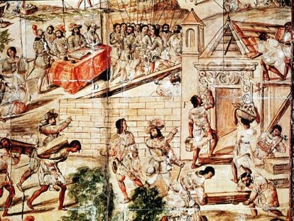 Esclavos nativos construyendo la ciudad de México en las ruinas de Tenochtitlan