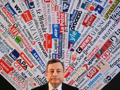 El primer ministro italiano, Mario Draghi, durante su rueda de prensa en la sede de la Asociación de la Prensa Extranjera en Roma.