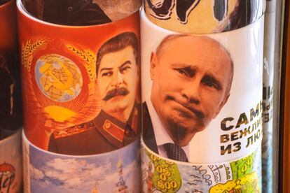Two mugs with the faces of Josef Stalin and Vladimir Putin displayed in a souvenir shop on Wednesday.