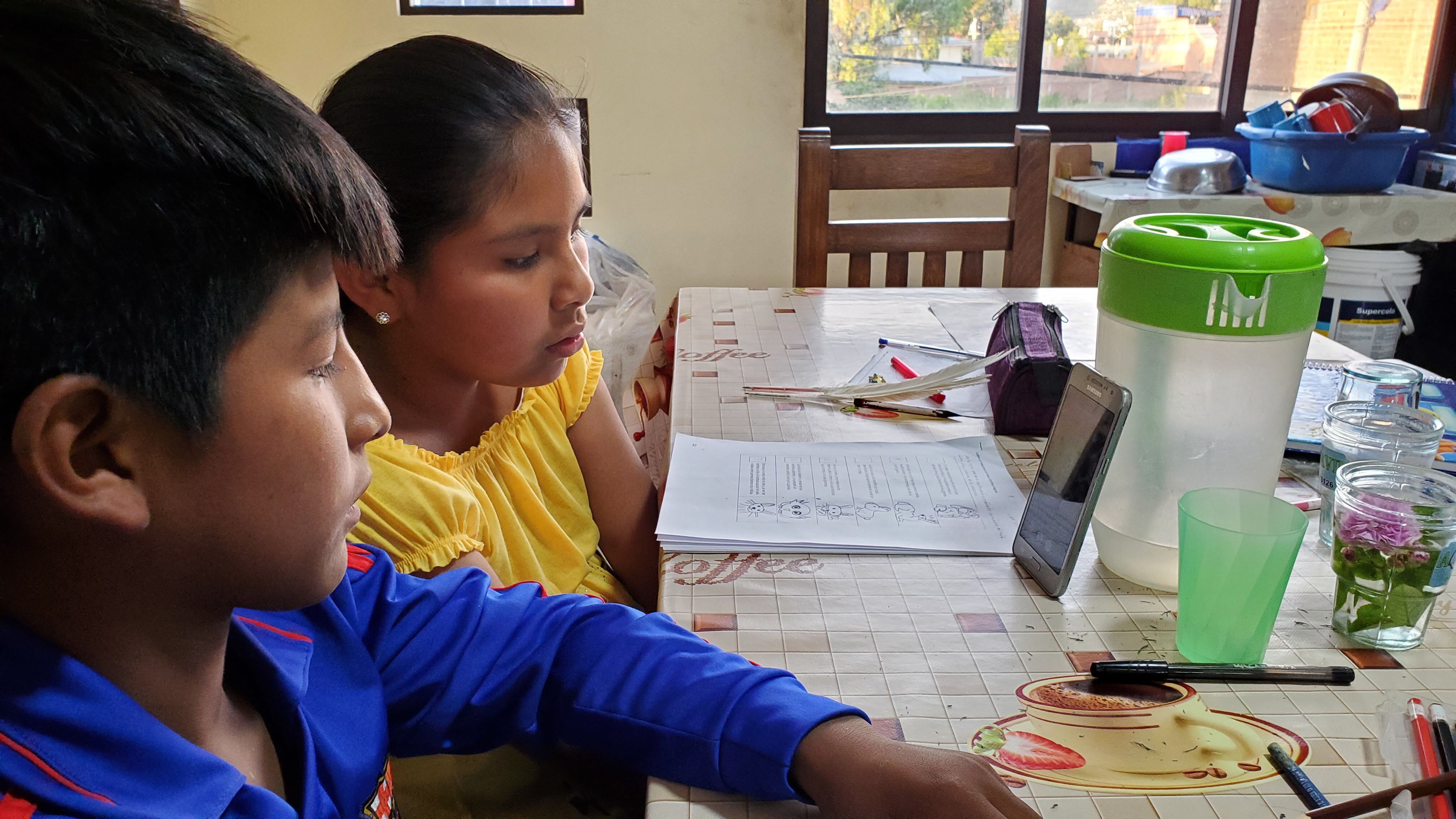 Jazmín Choque y Fernando Gabriel, de ocho años, comparten un celular para participar de una clase virtual, ya que los padres de él no tienen dispositivos para que pueda conectarse desde su casa.