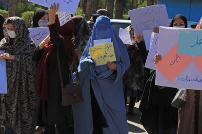 Aspecto de la inusual protesta de mujeres que ha tenido lugar en Herat este jueves.