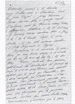 Nota manuscrita de Josep Tarradellas tras una entrevista con Jordi Pujol y Josep Fornas, del 6 de mayo de 1970.