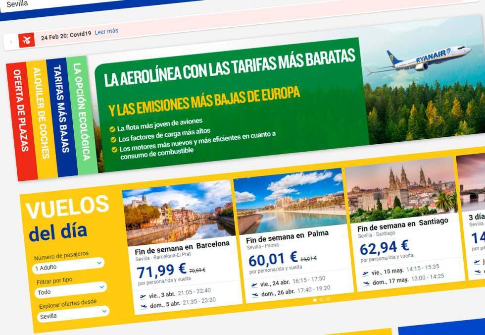 Publicidad de Ryanair anunciándose como la aerolínea con las emisiones más bajas de Europa