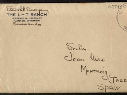Sobre de una carta de Ernest Hemingway a Joan Miró.