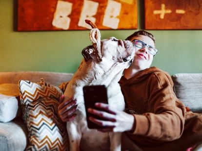 Un joven utiliza un teléfono móvil junto a su perro.