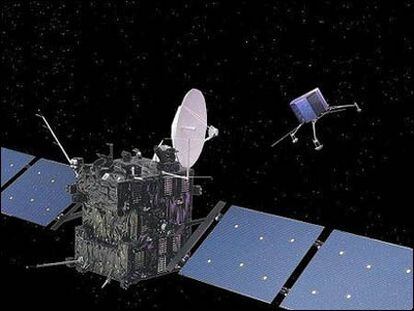 Ilustración de la nave <i>Rosetta</i> y el módulo <i>Philae</i> que descenderá en la superficie del cometa 67-P/Churyumov-Gerasimenko.
