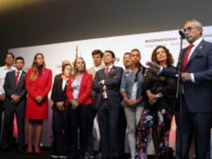 La delegaci&oacute;n espa&ntilde;ola comparece ante la prensa tras saber que no organizar&aacute; los Juegos de 2020.