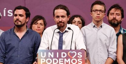 Pablo Iglesias, Alberto Garzón e Íñigo Errejón, este domingo.