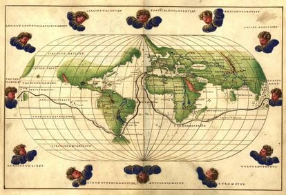 Mapa de la ruta de Magallanes de uno de los atlas de Battista Agnese (1544).