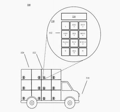 Croquis de la patente de Google en el que se aprecian los casilleros para el transporte de paquetes. Cada uno de ellos incorporaría un teclado para introducir el PIN que lo abre.