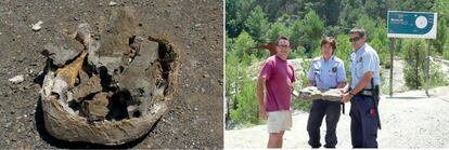 Parte del fósil recuperado (izquierda) y momento en que los Mossos d'Esquadra lo devolvieron a los investigadores (derecha) / Instituto Catalán de Paleontología.