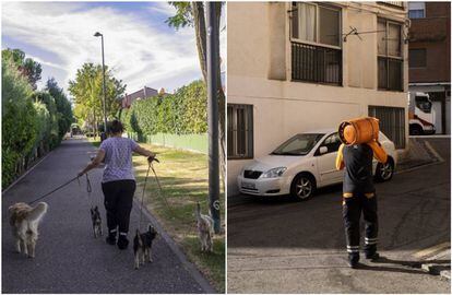 A la izquierda, una vecina pasea perros por el sector III de Getafe; a la derecha, un butanero de ronda por el barrio de Los Elementos de Pozuelo de Alarcón.