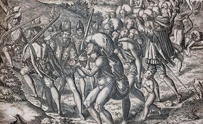 Indígenas son subidos a bordo de barcos para ser comerciados como esclavos en Sevilla. Grabado de Theodor de Bry de 1590.